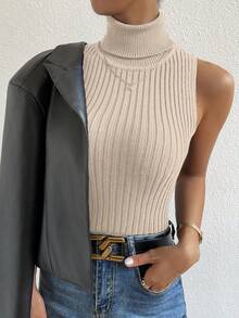 SHEIN Unity Women's Solid Color Turtleneck Fitted Versatile Knit Top - Apricot - View 4