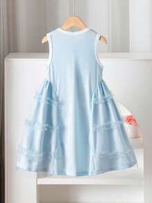 SHEIN Young Girl Heart Print Contrast Mesh Frill Trim Sleeveless Cute Dress - Baby Blue - View 2