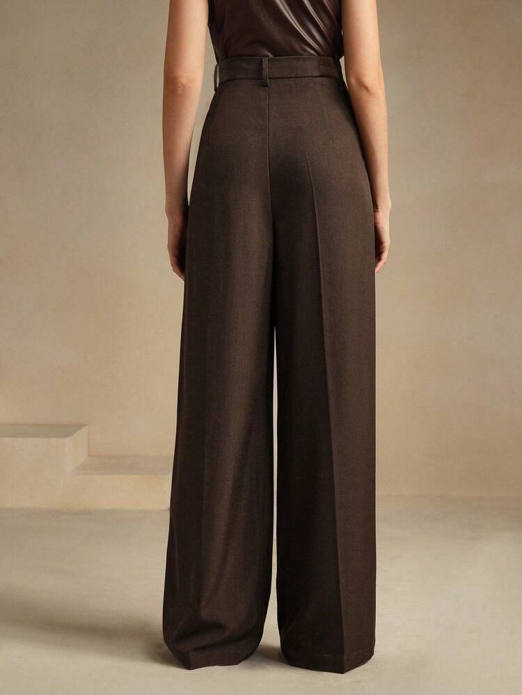 Elegant Stylish Pleated Design Coffee Color Women's Straight Leg Pants With Pockets, Suitable For Tall, Fall, Winter, Summer, Spring, New Year, Party, Wedding, Elegant, Chic, Stylish, Business Casual, Going Out