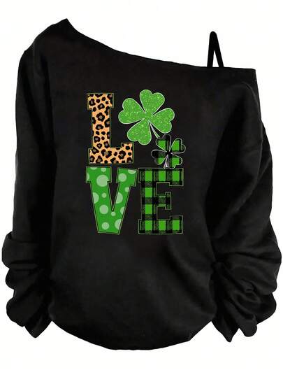 SHEIN LUNE Plus Size Dam LOVE St. Patrick's Day Grafisk One Shoulder Camisole T-shirt