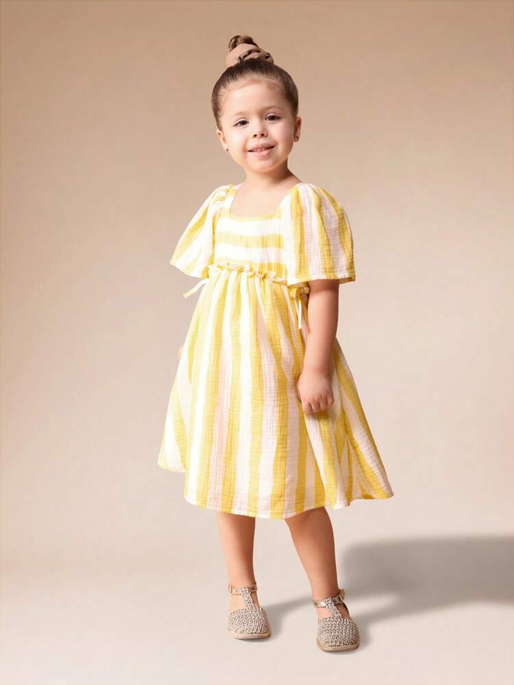 Striped Flutter Sleeve Midi Dress With Elastic Waist