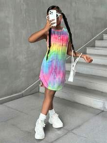 SHEIN 少女休闲街头风扎染印花圆领前短后长无袖连衣裙 - 彩色 - 查看 4