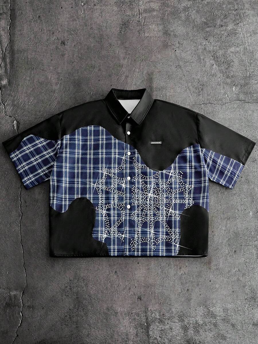 AXEPEAK Plus Size Men's Casual Shirt With Rhinestone Spider Web & Plaid Patchwork, Short Sleeve - Multicolor - View 1