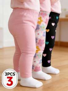 SHEIN 3pcs/Set Infant/Baby GirlCasual Heart, Floral, Solid Color Elastic Waist Leggings, Suitable For Spring, Summer, Autumn, Winter, 6M-3Y Baby Trousers Baby Girl Leggings Baby Girl Pants Sets Babygirl Pants - Multicolor - View 5