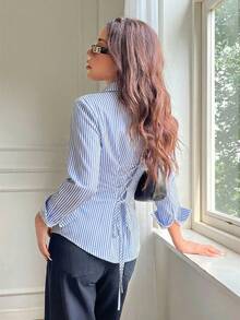 SHEIN EZwear Áo sơ mi nữ tay dài cài cúc phía trước, thắt eo, kiểu dáng thanh lịch, cổ điển, đa năng, màu xanh dương và trắng ấm áp, phù hợp cho mùa xuân/hè. - Nhiều màu - Xem 4