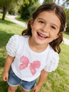 Young Girl Bow Print Round Neck Short Puff Sleeve Casual T-Shirt - White - View 4