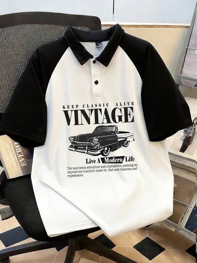 Manfinity Joysei 男士经典复古汽车图案撞色插肩袖Polo衫，适合返校、学习、外出、送朋友等场合。