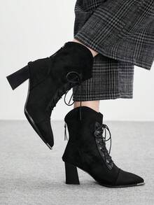 CUCCOO BIZCHIC Women's Fashion Versatile Lace-Up Chunky High Heel Ankle Boots Valentine's Day - Black - View 1