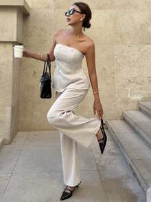 Siren Gaze 新款休闲通勤条纹抹胸上衣和裤子套装 - 杏色 - 查看 1