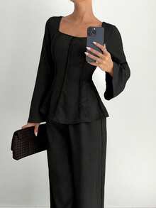Siren Gaze Women's Solid Color Square Neck Flare Sleeve Top And Pants Suit, New Autumn Set - Black - View 5