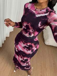 SHEIN Lady Women's Floral Print Round Neck Long Sleeve Pleated Fitted Elegant Mid-Length Dress - Multicolor - View 3