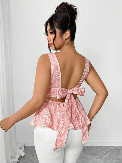 Elenzga Plus Size Elegant Bowknot Decor Jacquard Fabric Scoop Neck Sleeveless Top With A-Line Hem, Suitable For Commuting, Outing, Date, Party, Vacation