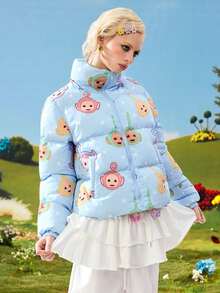 Teletubbies X ROMWE 女士保暖印花拉链立领羽绒服，冬季 - 藍色 - 查看 4