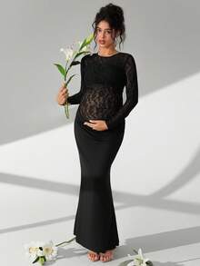 Cheriluna Maternity Solid Color Lace Long Sleeve Maxi Dress With Ruffle Mermaid Hem, Maternity Photoshoot Outfit - Black - View 3