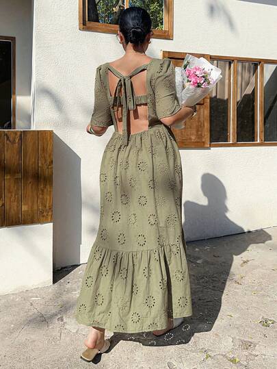 Dazy Plus Vestido midi de manga larga con cintura ceñida, estilo de vacaciones, de encaje calado, talla grande, color verde, vestido de verano