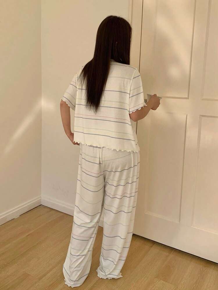 Dazy Plus 2pcs Plus Size Women Bow & Striped Print Loose Fit Sleepwear Set, Long Sleeve Top And Pants, Spring/Autumn