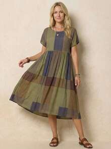 Faunlyn 格紋印花蝙蝠袖娃娃裙 - 彩色 - 查看 5