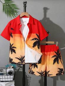 SHEIN 两件套男童休闲校服/度假印花衬衫短裤套装，适合通勤、上学、日常休闲穿着、运动、春夏穿着。 - 彩色 - 查看 2