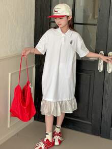 DAZY Tween Girl Collared Button Half Placket Animal Print Casual Vacation Everyday Short Sleeve Dress - White - View 3