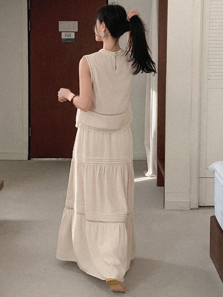 Women's Elegant Solid Color Splicing Ribbon Camisole And Ruffle Hem Skirt Set, Summer