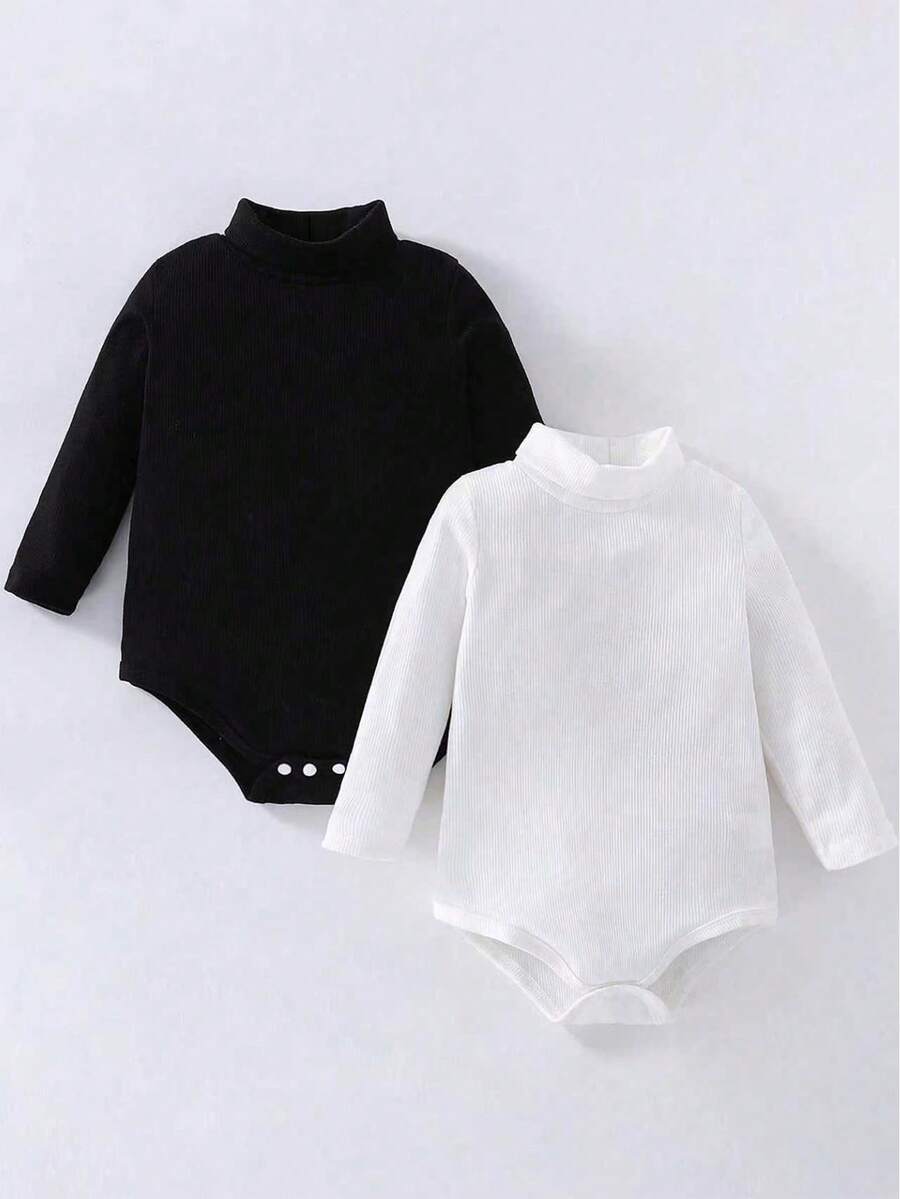SHEIN Playful Pals 2 piezas Ranita de cuello tortuga de punto acanalado para bebé niño - Blanco y Negro - Ver 1