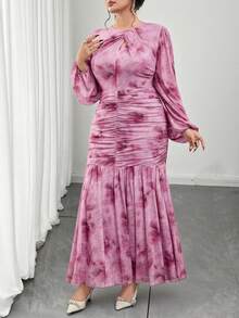 Modelyn 大码女式休闲褶皱修身长袖连衣裙 - 粉色 - 查看 6