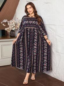 Lacomfia Damen Große Größen Lässig Blume Muster Locker Langes Kleid, Frühling/Sommer - Schwarz - Übersicht 1