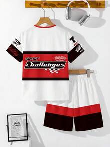 两件套青少年男童休闲舒适时尚简约圆领短袖T恤和短裤套装，经典赛车图案印花，72号数字，赛车方格旗设计，赛车文化文字图案印花，适合运动穿着 - 彩色 - 查看 3