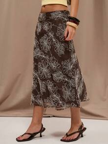 SHEIN BAE Women's Brown Embroidered Low Waist Skirt, Suitable For Beach Holidays And Daily Outings, Spring/Summer - Brown - View 1