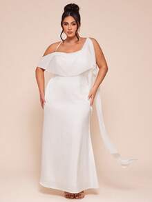 SHEIN BAE Plus Size White Elegant Summer Silky Beach Holiday Maxi Dress,Women's Asymmetric Collar Strappy Evening Gown With Flowing Cape Sleeve Formal Attire - White - View 9