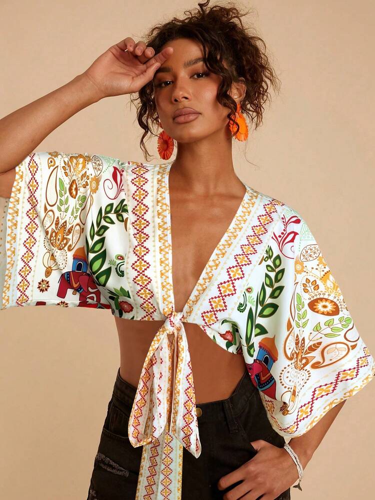 Travachic Camisa casual de mujer con escote en V profundo, estampado todo sobre tejido, para vacaciones - Blanco - Añade 3