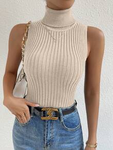SHEIN Unity Women's Solid Color Turtleneck Fitted Versatile Knit Top - Apricot - View 6