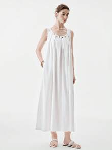 Aalyst Women's Solid Color Round Neck Beaded Pleated Casual Vacation Date Dress - White - View 4