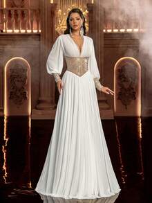 Glamrae 优雅简约弹力薄纱手工水晶长袖A字廓形婚纱，适合婚礼仪式、庆典、红毯、豪华招待会、户外森林海滩以及各种场合，例如新娘礼服、婚礼宾客礼服、正式礼服。 - 白色 - 查看 1