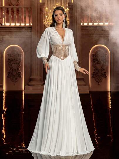 Glamrae Elegant Minimalist Elastic Tulle Handmade Crystal Long Sleeve A-Line Silhouette Wedding Dress, Suitable For Wedding Ceremony, Celebration, Luxury Reception, Outdoor Forest Beach, And Various Occasions Such As Bridal Gown, Wedding Guest Dress, Formal Gown White Formal Evening Gown