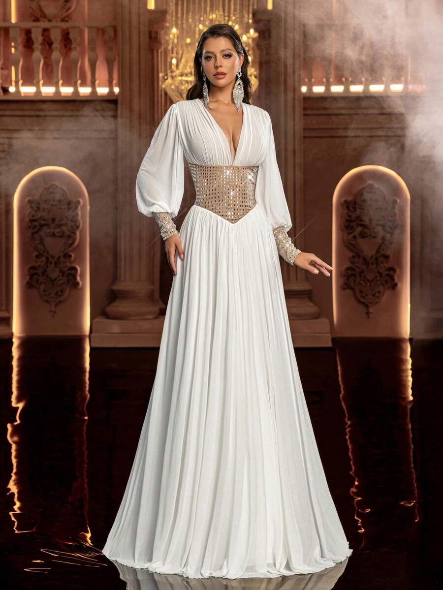 Glamrae 优雅简约弹力薄纱手工水晶长袖A字廓形婚纱，适合婚礼仪式、庆典、红毯、豪华招待会、户外森林海滩以及各种场合，例如新娘礼服、婚礼宾客礼服、正式礼服。 - 白色 - 查看 1