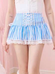 ROMWE Kawaii Women's Cute Vacation Style Blue & White Striped Lace Trim Tie-Up Super Low Waist Mini Skirt - Blue - View 4