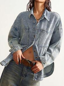 Bohemela Plus Size Rivet Decor Fashion Long Sleeve Denim Blouse - Light Wash - View 4