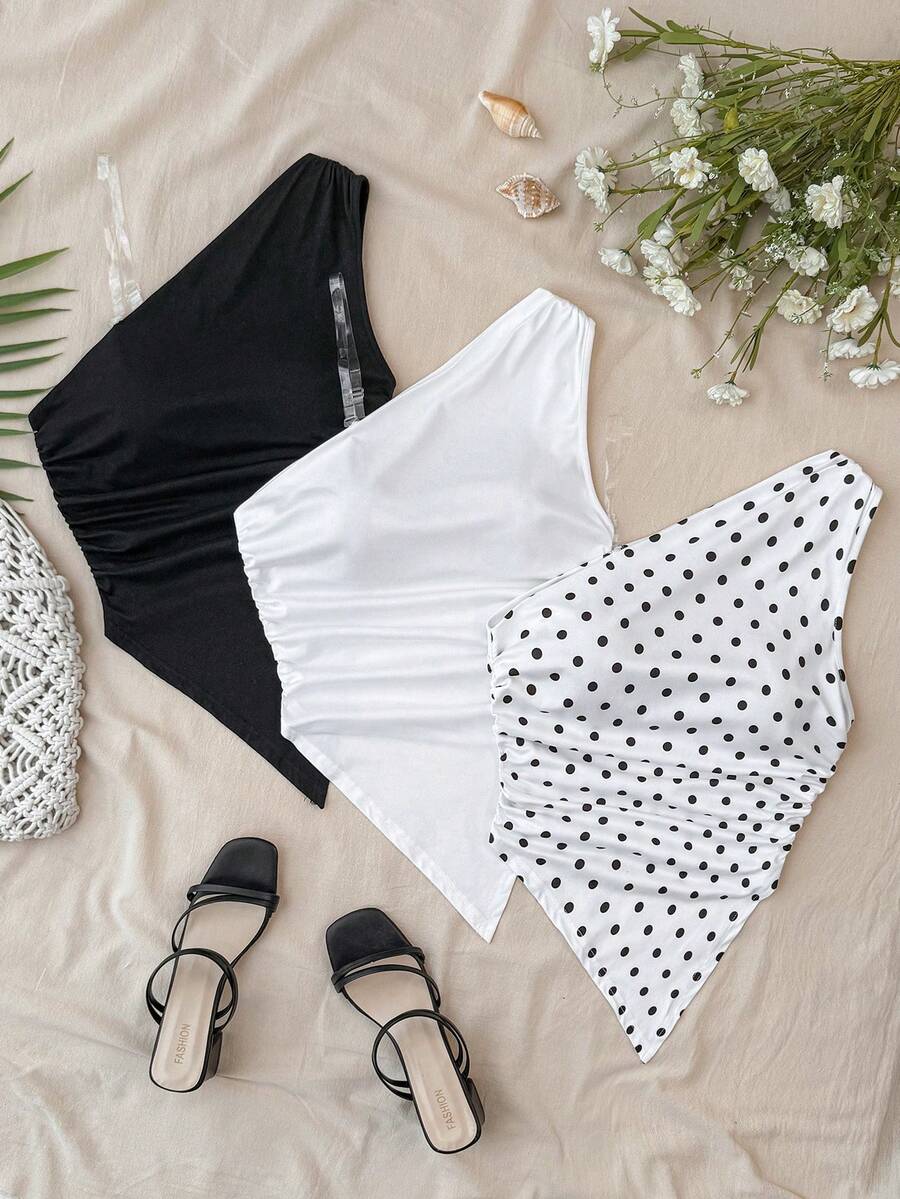 SHEIN 3pcs/Set Teen Girls' Casual Vacation Asymmetric Ruched Hem Camisole, Spring/Summer, Asymmetrical Top, Summer Tops, Polka Dot Top - Black and White - View 1