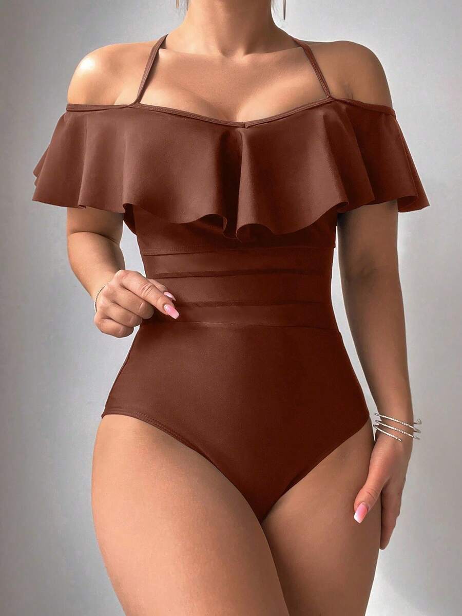 SHEIN Swim Traje de baño de una pieza con volantes de unicolor para mujer, ajuste ceñido para el verano - Marrón - Ver 1