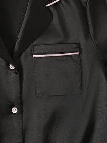 SHEIN Tween Girls' Casual Satin Lapel Button-Up Top And Shorts Pajama Set, Spring/Summer - Black - View 6