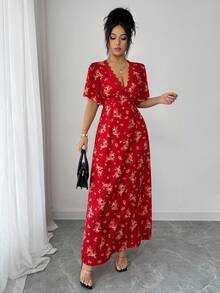Selianne Damen V-Ausschnitt Puffärmel tailliertes A-Linien Kleid mit Blume Muster, ideal für Reisen, Strand, Sommer, verschiedene Farben - Rot - Übersicht 6