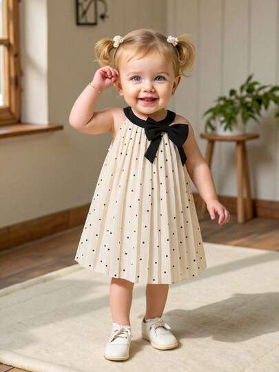 SHEIN 可爱优雅的宽松波点褶皱蝴蝶结杏色连衣裙