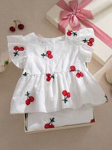 Souflis Souflis 2pcs/Set Baby Girls' Cute Cherry Pattern Vacation Casual Striped Ruffle Sleeve Blouse And Pants Set, Spring/Summer - Multicolor - View 9