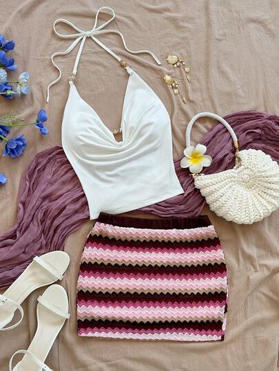 Soleia Women's Sexy Bohemian Vacation Style Halter Backless Tie Front Top And Contrast Zigzag Print Mini Skirt Set