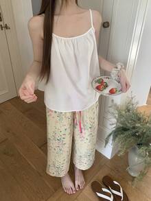 DAZY 女士夏季无袖上衣和七分碎花睡裤套装 - 白色 - 查看 7