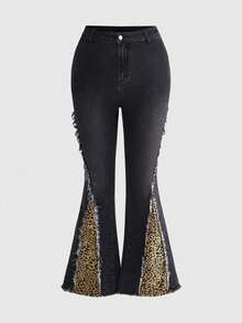 ROMWE Grunge Punk Jeans acampanados de talla grande para mujer con estampado de leopardo en parches y dobladillo deshilachado - Multicolor - Ver 1