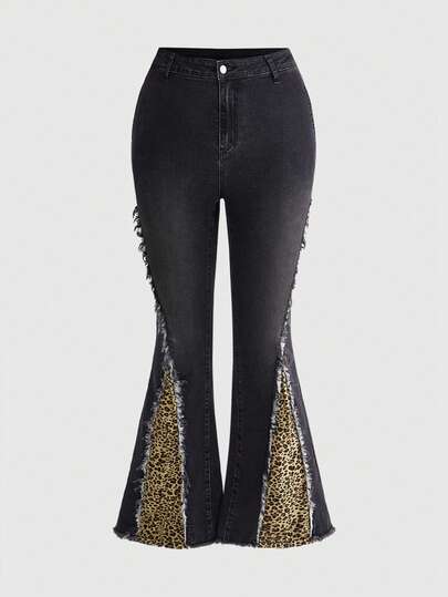 ROMWE Grunge Punk 大码女式拼接豹纹毛边喇叭牛仔裤
