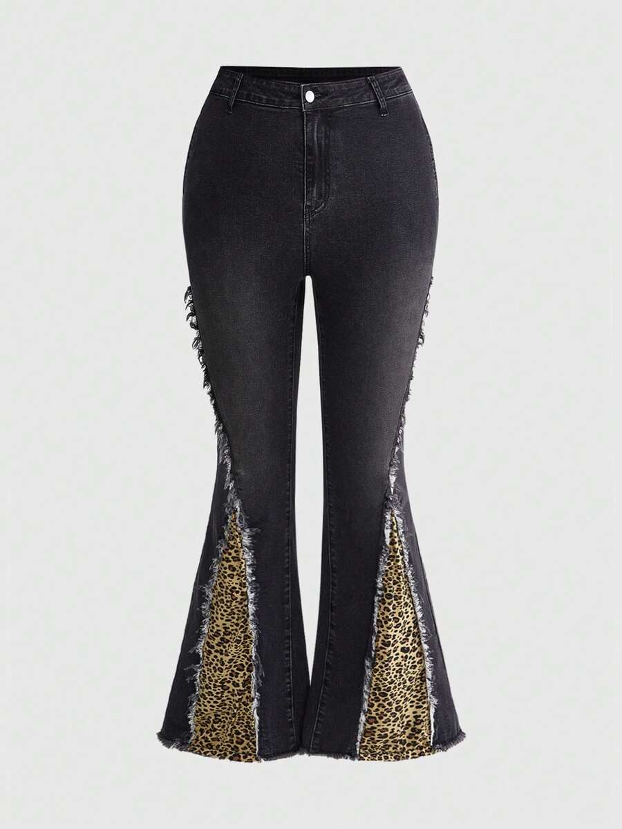 ROMWE Grunge Punk Jeans acampanados de talla grande para mujer con estampado de leopardo en parches y dobladillo deshilachado - Multicolor - Ver 1