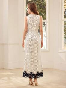 MOTF PREMIUM Đầm dài xẻ đùi phối ren họa tiết chấm bi thời trang dành cho nữ. - Màu be - Xem 3